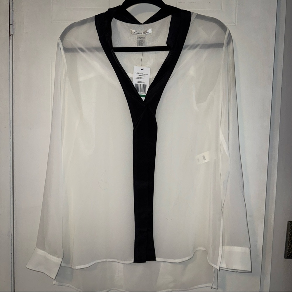Kenneth Cole Sheer White Blouse with Black Accent